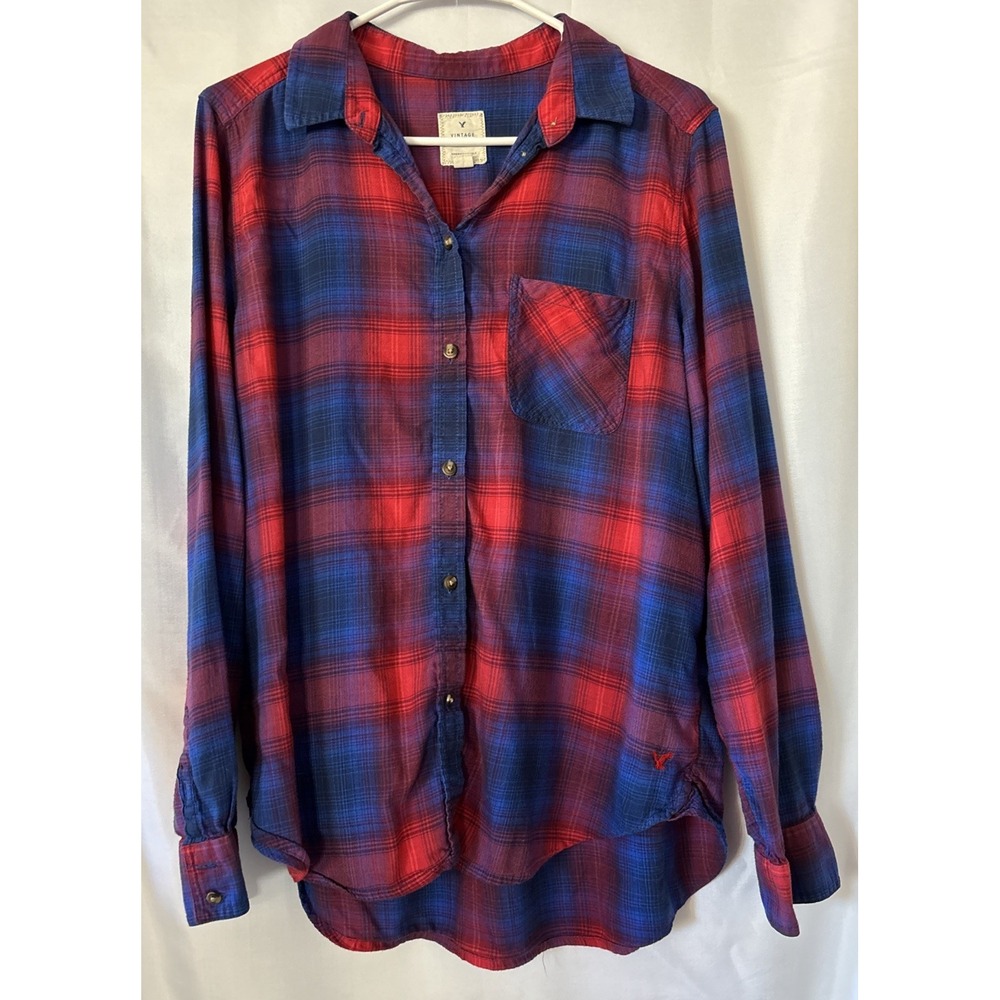 American Eagle Womens Button Up Shirt Large Vintage Boyfriend Plaid Hi Low
